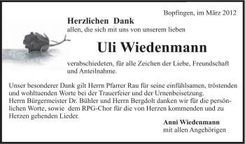 Traueranzeige von Uli Wiedenmann von Schwäbische Post