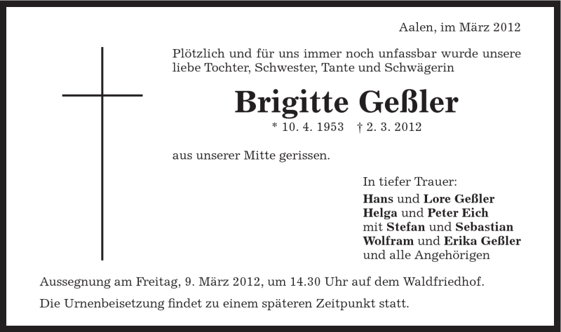  Traueranzeige für Brigitte Geßler vom 07.03.2012 aus Schwäbische Post
