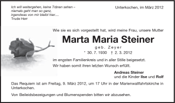 Traueranzeige von Marta Maria Steiner von Schwäbische Post