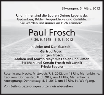 Traueranzeige von Paul Frosch von Schwäbische Post