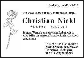 Traueranzeige von Christian Nickl von Gmünder Tagespost