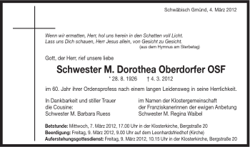 Traueranzeige von Schwester M. Dorothea Oberdorfer OSF von Gmünder Tagespost