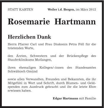 Traueranzeige von Rosemarie Hartmann von Gmünder Tagespost