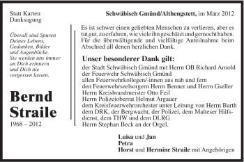 Traueranzeige von Bernd Straile von Gmünder Tagespost