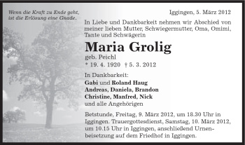 Traueranzeige von Maria Grolig von Gmünder Tagespost