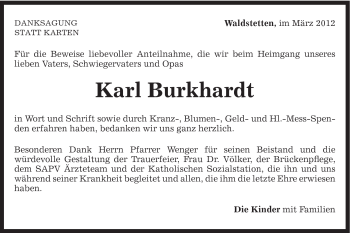 Traueranzeige von Karl Burkhardt von Gmünder Tagespost