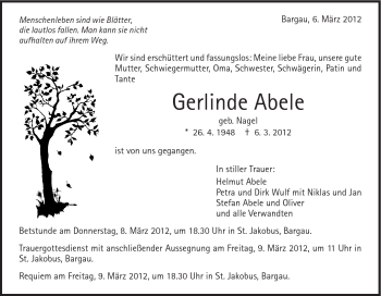 Traueranzeige von Gerlinde Abele von Gmünder Tagespost