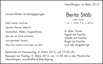 Traueranzeige von Berta Stäb von Gmünder Tagespost