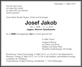 Traueranzeige von Josef Jakob von Schwäbische Post