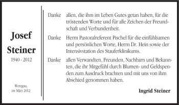 Traueranzeige von Josef Steiner von Gmünder Tagespost