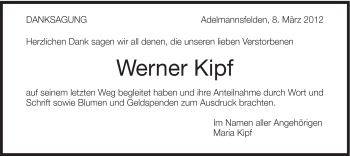 Traueranzeige von Werner Kipf von Schwäbische Post