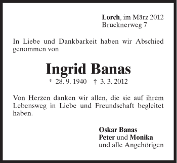 Traueranzeige von Ingrid Banas von Gmünder Tagespost