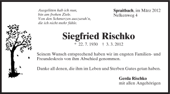 Traueranzeige von Siegfried Rischko von Gmünder Tagespost