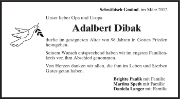 Traueranzeige von Adalbert Dibak von Gmünder Tagespost
