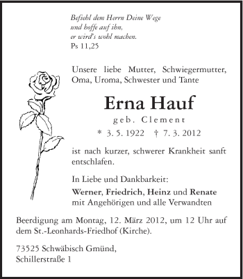 Traueranzeige von Erna Hauf von Gmünder Tagespost