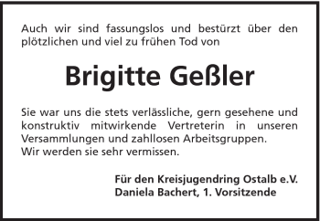 Traueranzeige von Brigitte Geßler von Schwäbische Post
