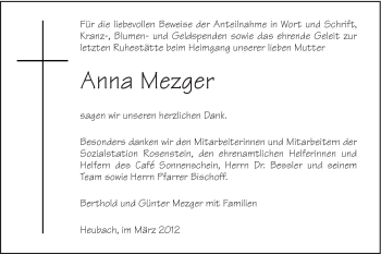 Traueranzeige von Anna Mezger von Gmünder Tagespost