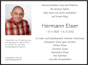 Traueranzeige von Hermann Elser von Gmünder Tagespost