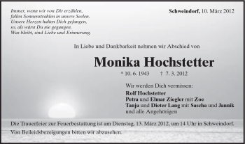 Traueranzeige von Monika Hochstetter von Schwäbische Post