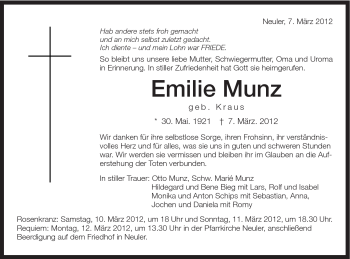 Traueranzeige von Emilie Munz von Schwäbische Post