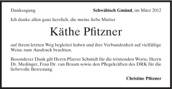 Traueranzeige von Käthe Pfitzner von Gmünder Tagespost