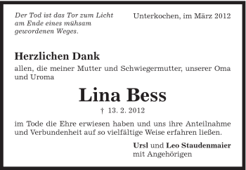 Traueranzeige von Lina Bess von Schwäbische Post