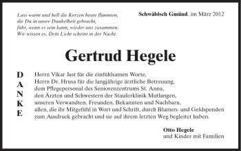 Traueranzeige von Gertrud Hegele von Gmünder Tagespost