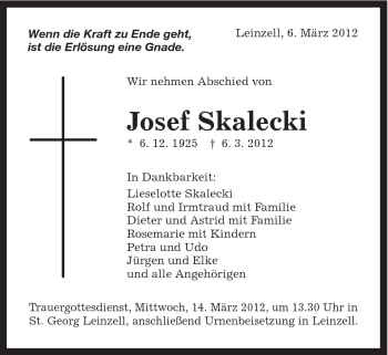 Traueranzeige von Josef Skalecki von Gmünder Tagespost