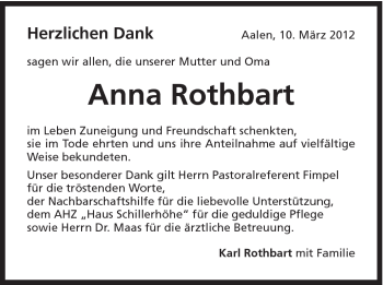 Traueranzeige von Anna Rothbart von Schwäbische Post