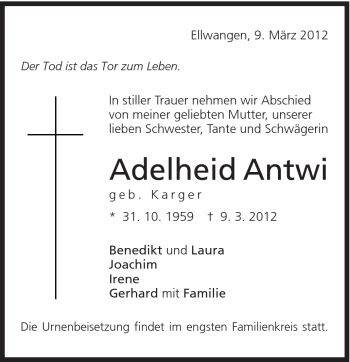 Traueranzeige von Adelheid Antwi von Schwäbische Post