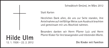 Traueranzeige von Hilde Ulm von Gmünder Tagespost