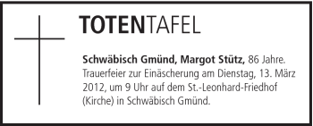 Traueranzeige von Margot Stütz von Gmünder Tagespost
