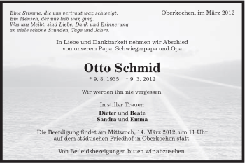 Traueranzeige von Otto Schmid von Schwäbische Post