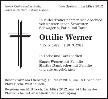 Traueranzeige von Ottilie Werner von Schwäbische Post