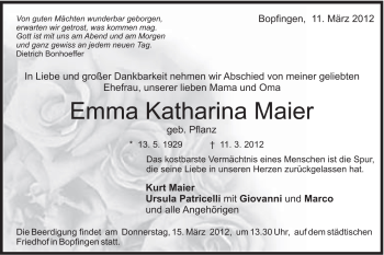 Traueranzeige von Emma Katharina Maier von Schwäbische Post