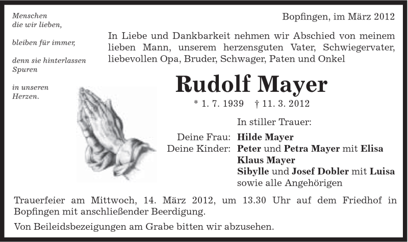  Traueranzeige für Rudolf Mayer vom 12.03.2012 aus Schwäbische Post