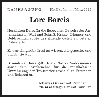 Traueranzeige von Lore Bareis von Gmünder Tagespost