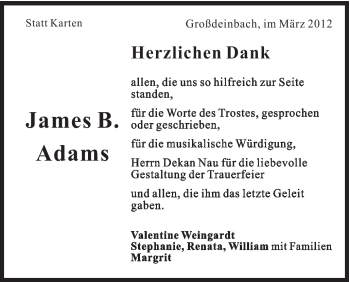 Traueranzeige von James B. Adams von Gmünder Tagespost