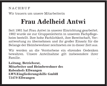 Traueranzeige von Adelheid Antwi von Schwäbische Post