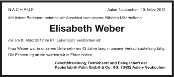 Traueranzeige von Elisabeth Weber von Schwäbische Post