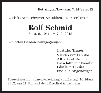 Traueranzeige von Rolf Schmid von Gmünder Tagespost
