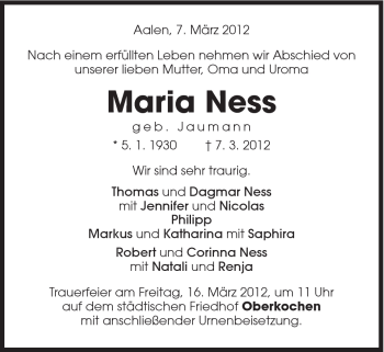 Traueranzeige von Maria Ness von Schwäbische Post