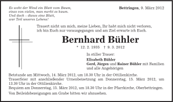 Traueranzeige von Bernhard Bühler von Gmünder Tagespost