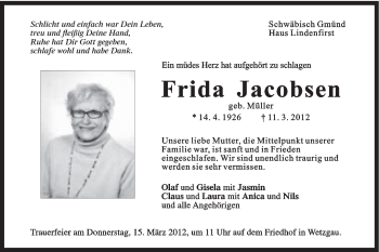 Traueranzeige von Frida Jacobsen von Gmünder Tagespost