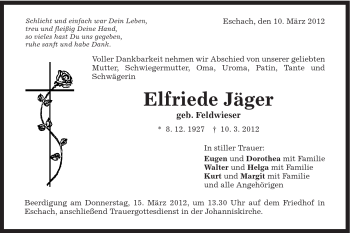 Traueranzeige von Elfriede Jäger von Gmünder Tagespost