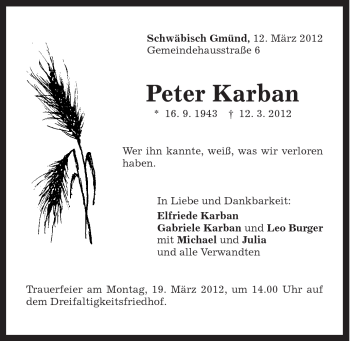Traueranzeige von Peter Karban von Gmünder Tagespost