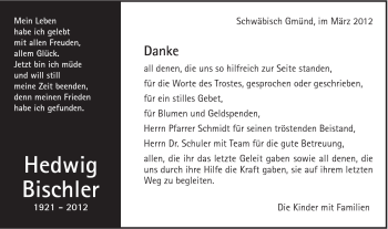 Traueranzeige von Hedwig Bischler von Gmünder Tagespost