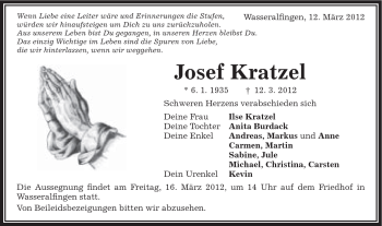 Traueranzeige von Josef Kratzel von Schwäbische Post