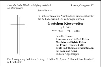 Traueranzeige von Gretchen Kiesewetter von Gmünder Tagespost