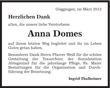 Traueranzeige von Anna Domes von Gmünder Tagespost